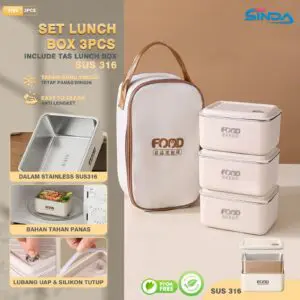 LUNCH BOX SET 3 IN 1 DENGAN TAS TENTENG DAN PENUTUP SILIKON PRAKTIS