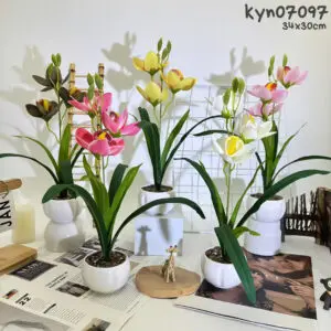 TANAMAN HIAS PALSU BUNGA DAN VAS MANGKOK BULAT 34 X 30 CM, DEKORASI RUMAH MENAWAN