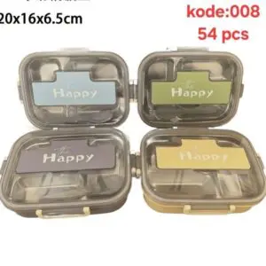 LUNCH BOX STAINLESS 3 SEKAT THE HAPPY KODE 008 DENGAN KLIPE DAN SUSUNTUTUP TRANSPARAN