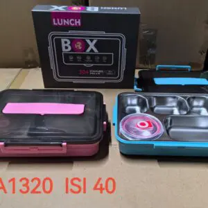 KOTAK LUNCH BOX STAINLESS DENGAN PLASTIK LUAR 5 SEKAT DAN 4 KLIP - PINK ABU 1320