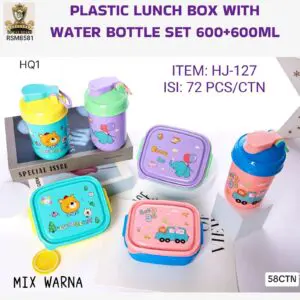 SET KOTAK MAKAN DAN BOTOL 600ML+600ML MOTIF CUTE BEAR PLASTIK TUTUP FLEKSIBEL TANPA KLIP