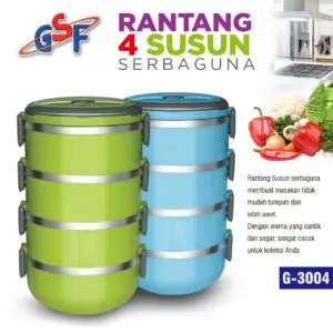 GSF LUNCH BOX KOTAK MAKAN 4 SUSUN LAPISAN DALAM STAINLESS LUAR PLASTIK 8 KLIP SILVER