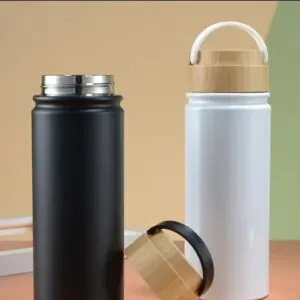TERMOS TUMBLER STAINLESS 550 ML DENGAN TUTUP KAYU DAN PEGANGAN NYAMAN