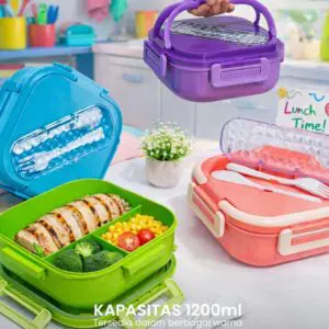 LUNCH BOX PLASTIK 1 SUSUN 3 SEKAT 4 KLIP 1200ML DENGAN PEGANGAN DAN SENDOK GARPU
