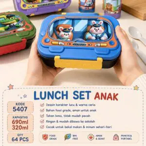 LUNCH BOX SET PLASTIK 2 KLIP 690ML DENGAN BOTOL FLIP 320ML MOTIF KARAKTER LINE PRAKTIS