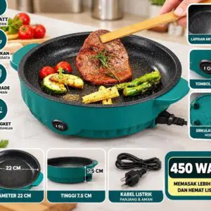 PANCI GRILL LISTRIK 22 CM ANTI LENGKET LAPISAN TEFLON DENGAN SAKLAR ON/OFF MERAH